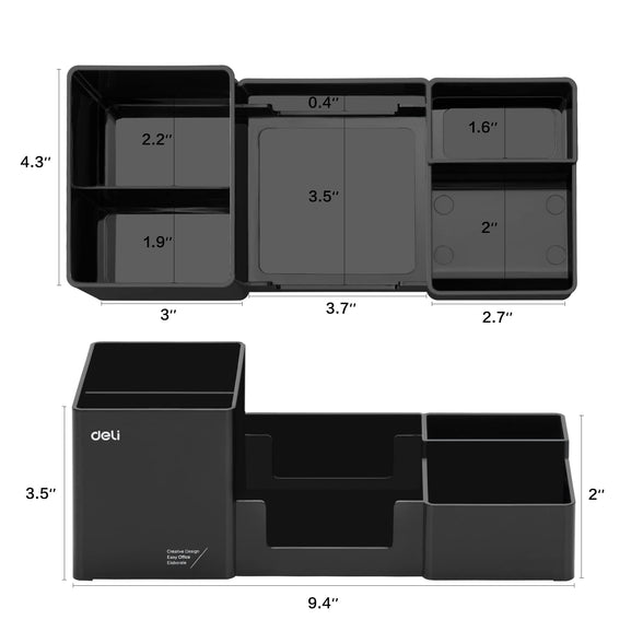 Deli Desk Organizer, Plastic Desktop Organizer with Pencil Holder and Sticky Note Tray, Office Stationery Supplies Organizers Accessories Caddy, 6 Compartments, Black