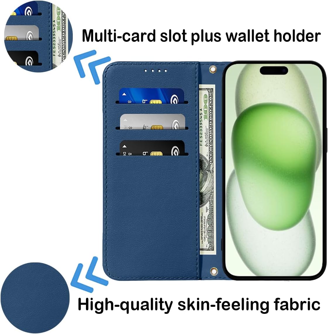 LANJLM Wallet Case for iPhone 15 Plus Phone Cases Premium Leather PU Flip Cover Magnetic Shockproof Closure Book Design with Kickstand Feature & Card Slots iPhone 15 Plus(6.7") Case - Blue