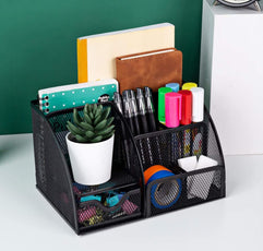 CLOUDFOUR Mesh Desk Organizer Office Supplies Multi-Functional Caddy Pen Holder Stationery Organizer for Office, Home, School, Classroom (6 Compartments and 1 Drawer)