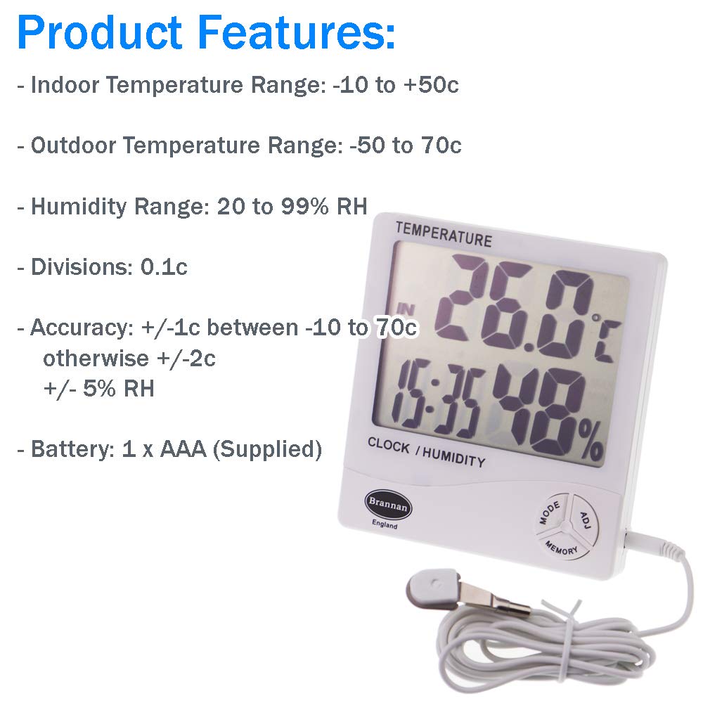 Brannan Digital Hygrometer Indoor Outdoor Thermometer, Temperature Clock And Humidity Monitor With Jumbo 1 Inch Digit Screen - UK