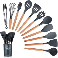 Newsun 12PCS Kitchen Utensil Set Silicone Cooking Utensils Kit Spatula Heat Resistant Wooden Spoons Gadgets Tool for Non-Stick Cookware (Black)