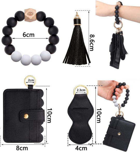 Goodern Wristlet Keychain Bracelet Wallet Leather Tassel Keychains,Silicone Beaded Key Ring Bracelet with Card Holder,Keychain Wallet Car Keychain,Elastic Keychain Wristlet for Women Men-Black White