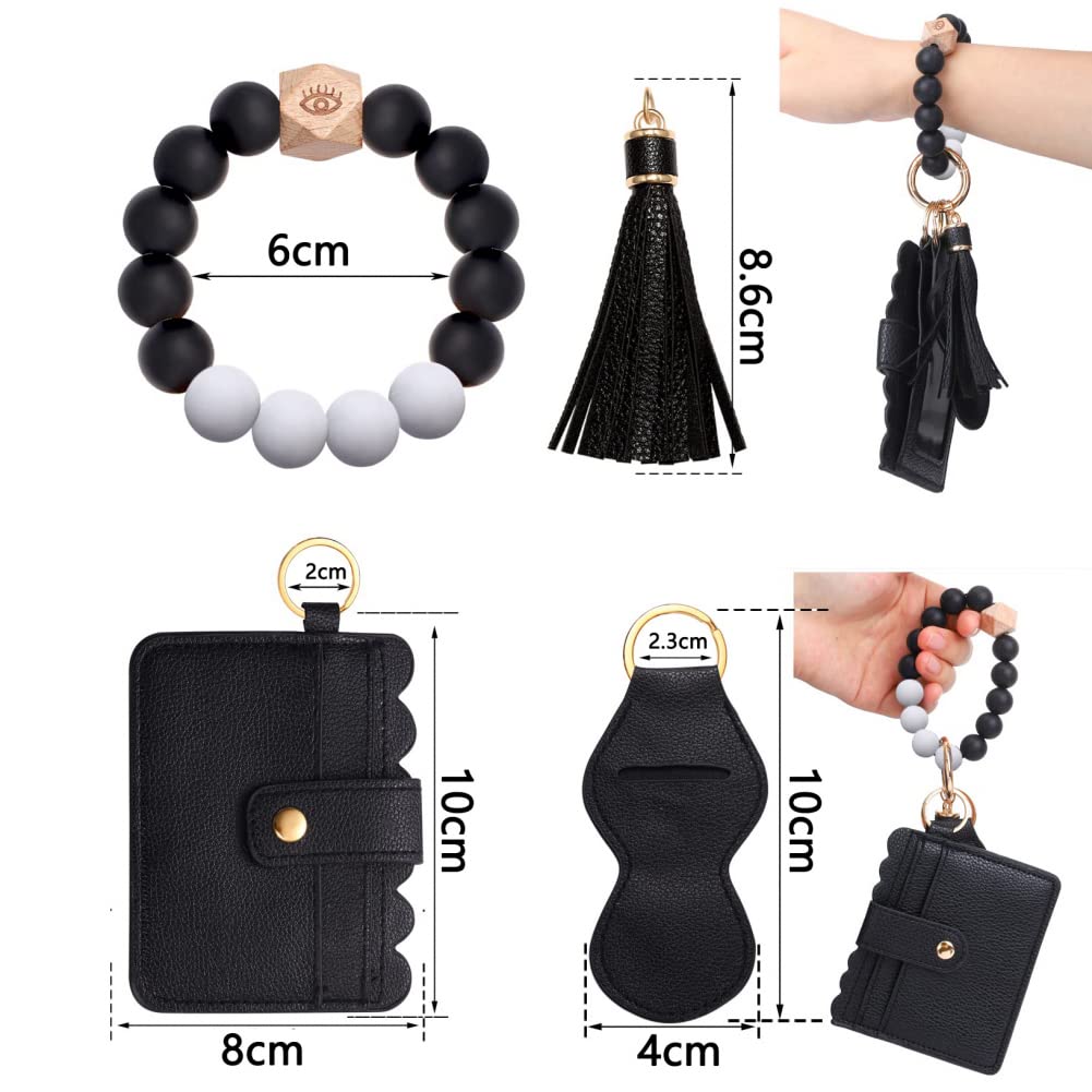 Goodern Wristlet Keychain Bracelet Wallet Leather Tassel Keychains,Silicone Beaded Key Ring Bracelet with Card Holder,Keychain Wallet Car Keychain,Elastic Keychain Wristlet for Women Men-Black White