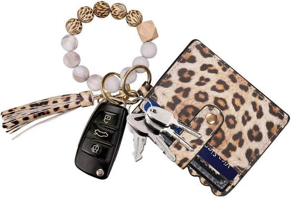 Goodern Keychain Wristlet Keychain Bracelet,Silicone Beaded Key Ring Bracelet with Card Holder,Keychain Wallet PU Leather Tassel Keychain for Car Keys,Elastic Keyring Bangle for Women Girls-Leopard