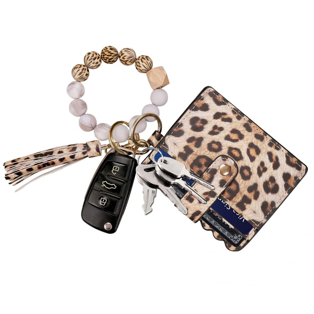 Goodern Keychain Wristlet Keychain Bracelet,Silicone Beaded Key Ring Bracelet with Card Holder,Keychain Wallet PU Leather Tassel Keychain for Car Keys,Elastic Keyring Bangle for Women Girls-Leopard
