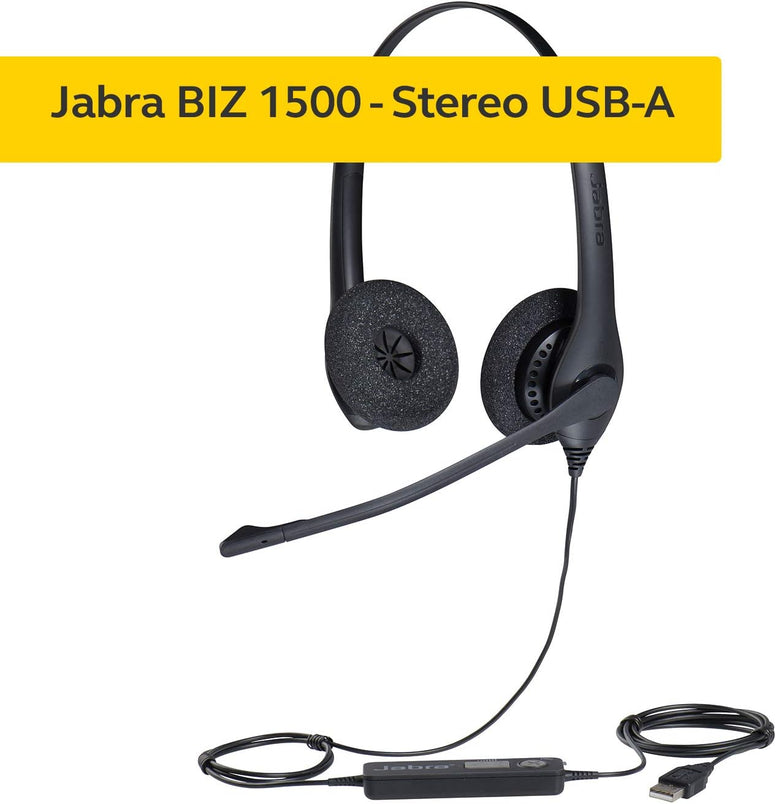 Jabra Biz 1500 USB-A On-Ear Stereo Headset - Corded Headphone with Noise-cancelling Microphone, Control Unit and Volume Spike Protection for Deskphones and Softphones, Wired