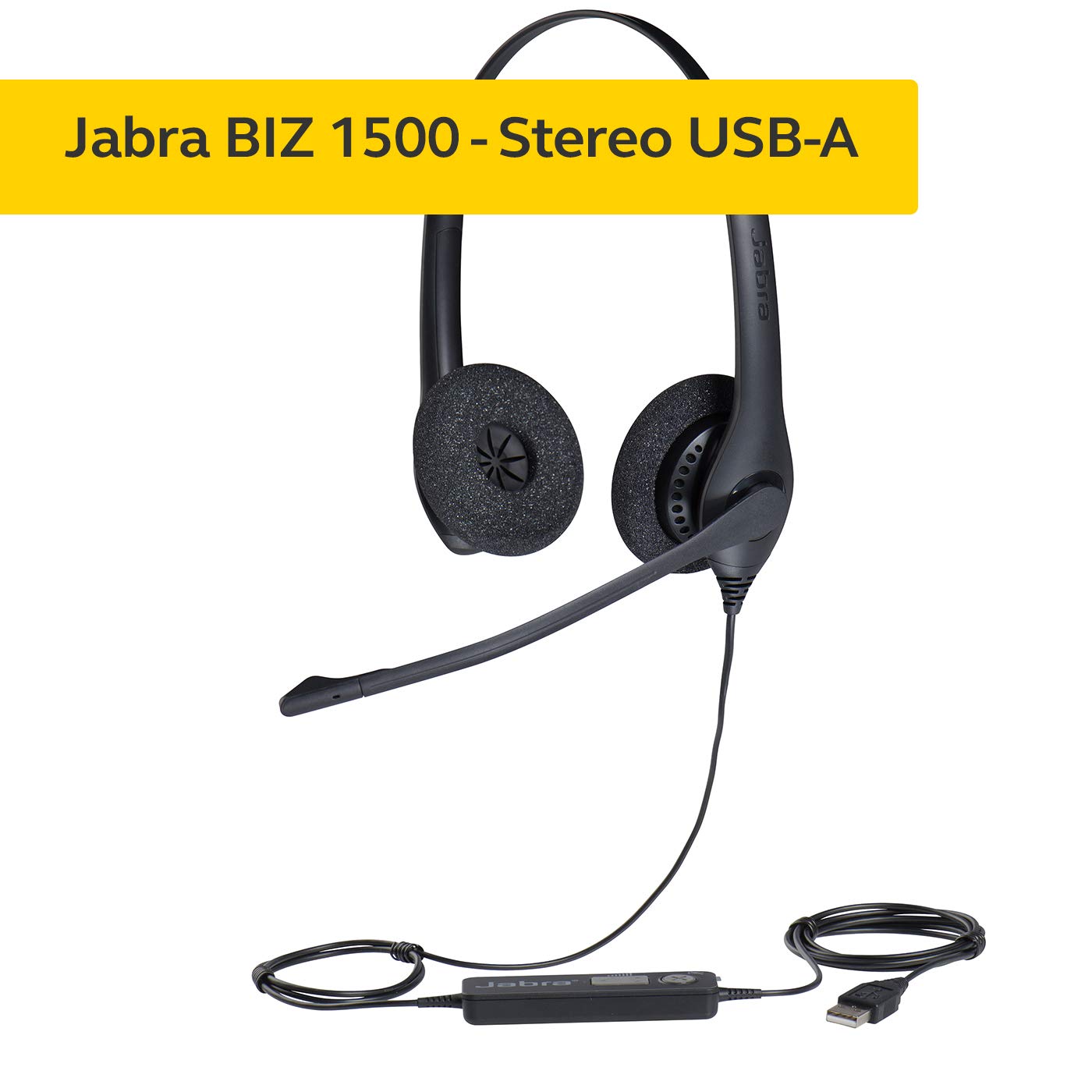Jabra Biz 1500 USB-A On-Ear Stereo Headset - Corded Headphone with Noise-cancelling Microphone, Control Unit and Volume Spike Protection for Deskphones and Softphones, Wired