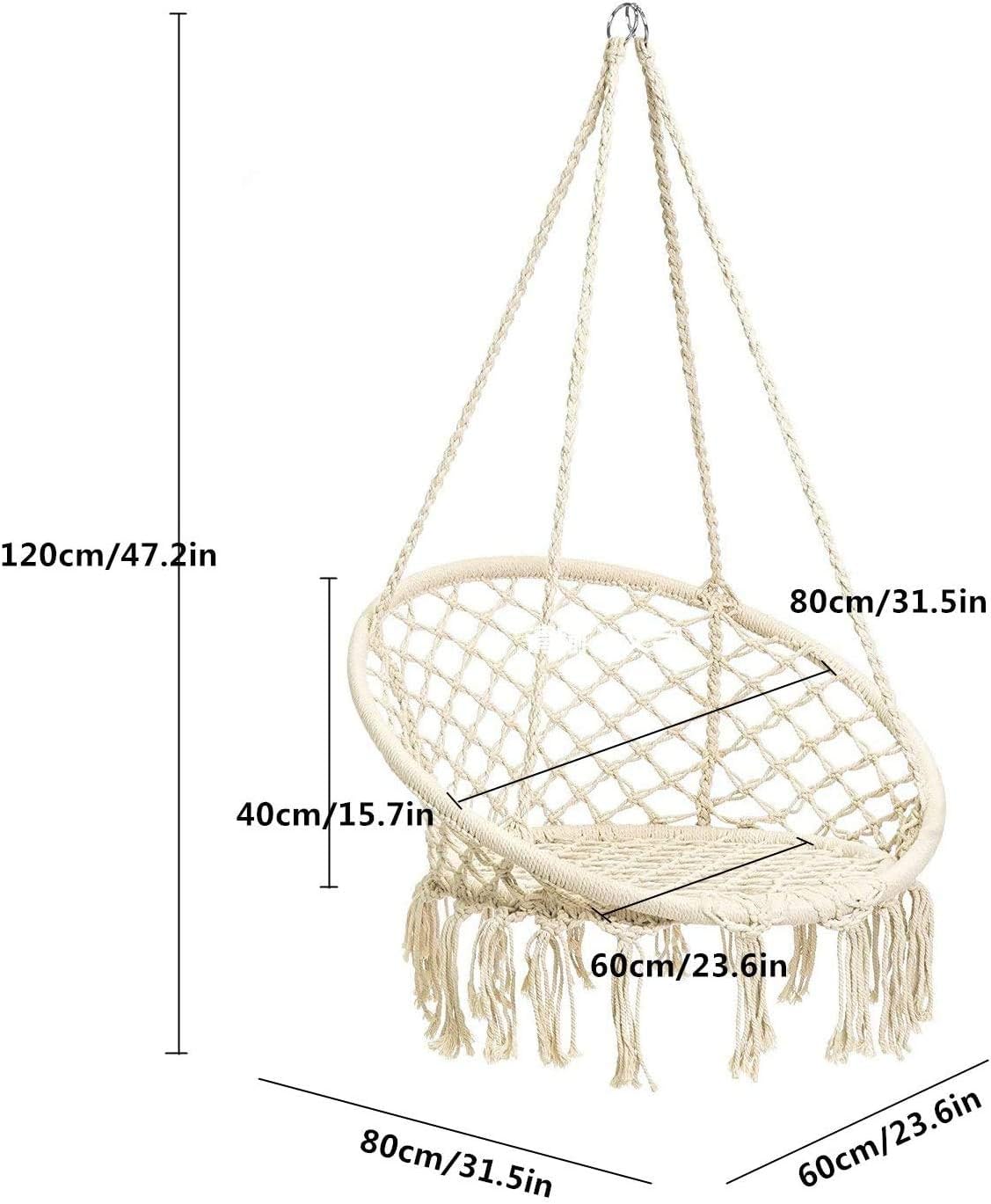 Hammock Chair Macrame Swing, Hanging Cotton Rope Macrame Hammock Swing Chair for Indoor, Outdoor Home, Patio, Porch, Deck, Yard, Garden, Max Weight: 260 Pounds (Beige)