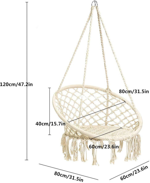 Hammock Chair Macrame Swing, Hanging Cotton Rope Macrame Hammock Swing Chair for Indoor, Outdoor Home, Patio, Porch, Deck, Yard, Garden, Max Weight: 260 Pounds (Beige)