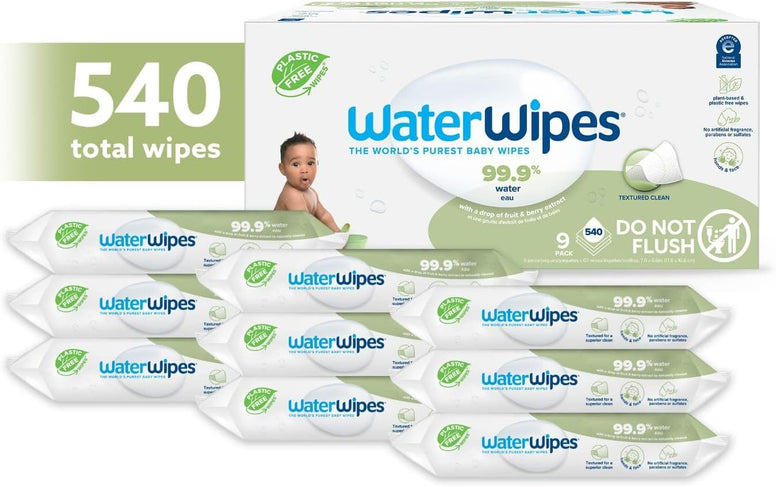 WaterWipes Plastic-Free Textured Clean, Toddler & Baby Wipes, 99.9% Water Based Wipes, Unscented & Hypoallergenic For Sensitive Skin, 540 Count (9 Packs), Packaging May Vary