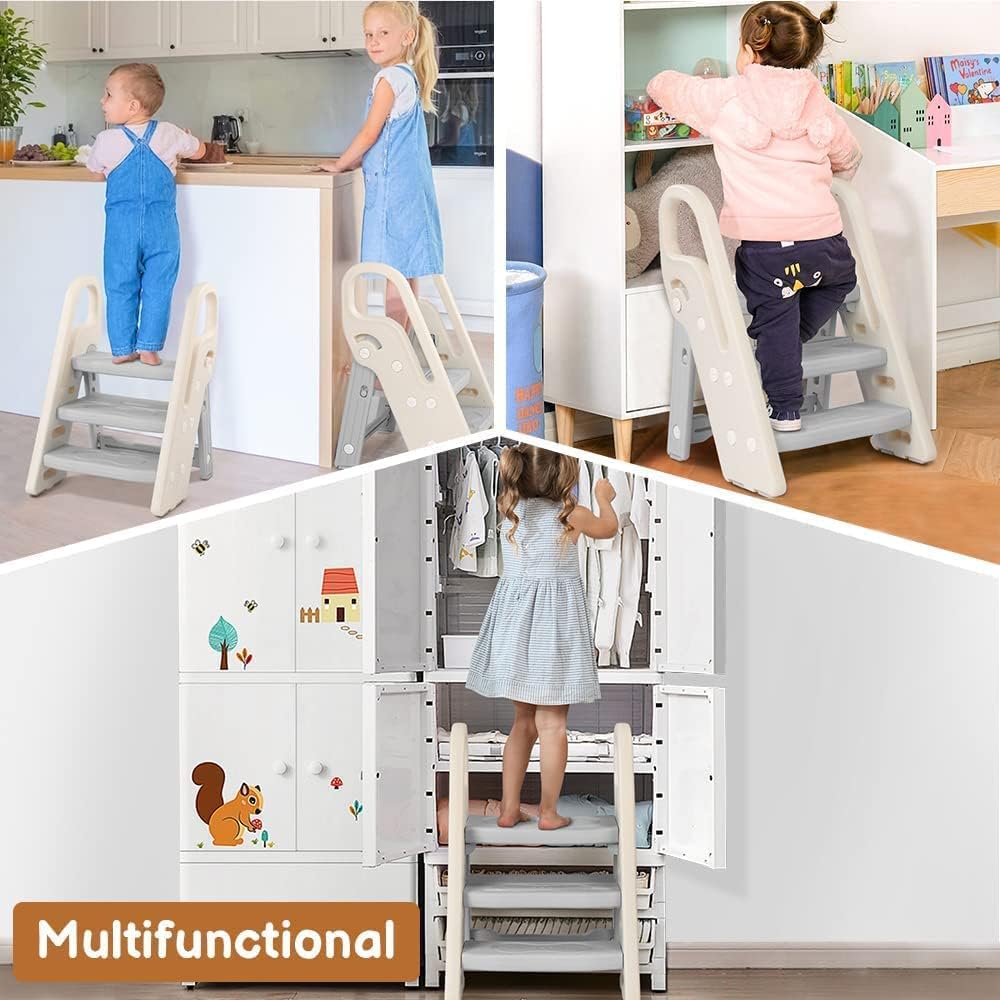 Hcosmy Foldable Toddler Step Stop for Bathroom Sink, Adjustable 3 Step Stool for Kids Toilet Potty Training Stool, Child Kitchen Counter Stool Helper, Plastic Ladder for Toddlers (grey)