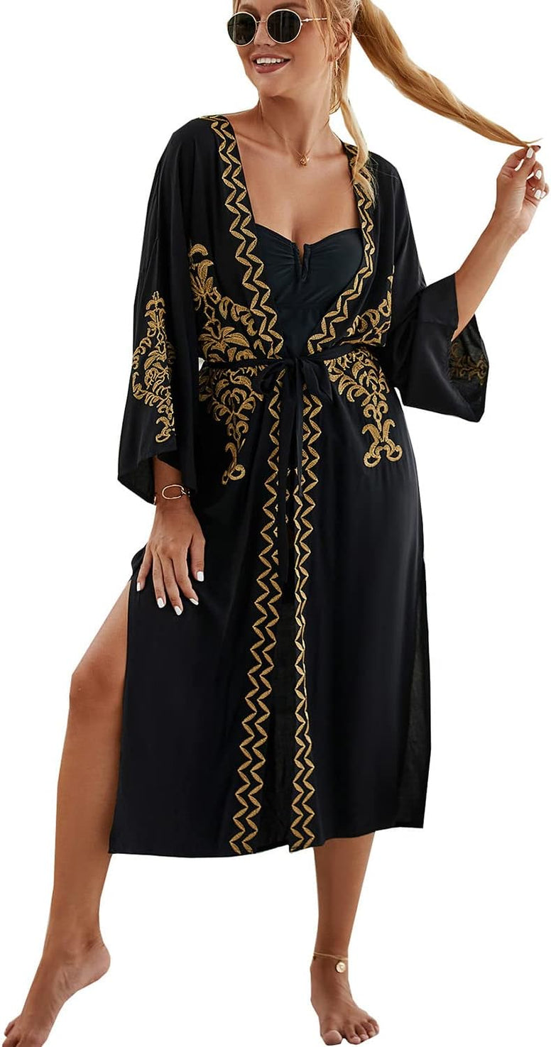 YouKD Embroidered Kaftan Dress Boho Beach Bikini Cover Up Robe Plus Size Loungewear for Women