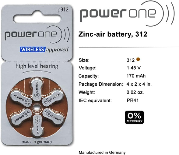 Power One Size 312 MERCURY FREE Hearing Aid Batteries (1Pack (60 batteries))