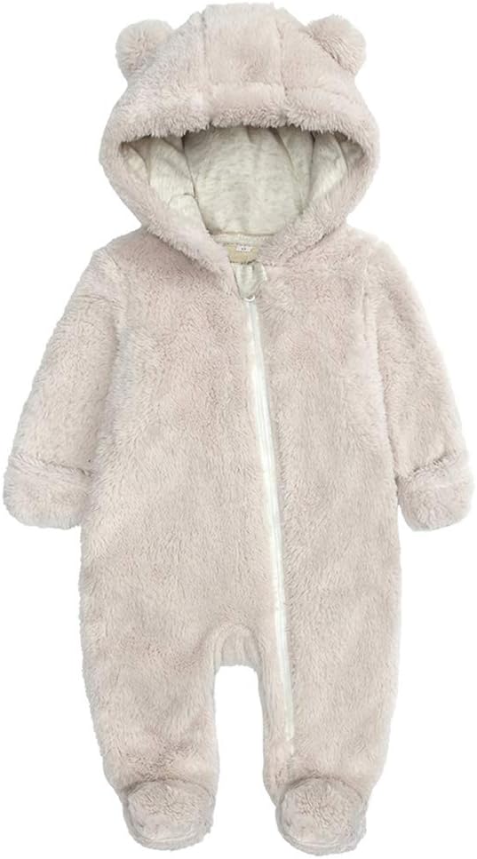 Newborn Baby Snowsuit Fleece Lined Onesie Jumpsuit Warm Hooded Romper for Infant, Beige, (0-3Months)