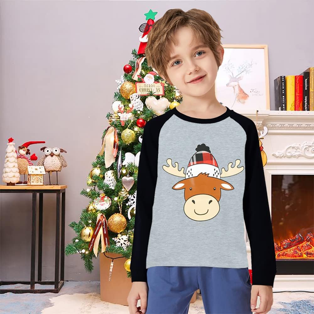 DDSOL Toddler Boys Girls Christmas T-Shirt Buffalo Red Plaid Raglan Xmas Long Sleeve Tees Kids Reindeer Tops 2-7T