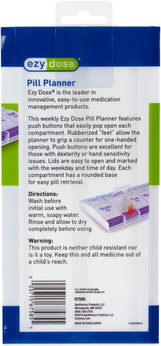 EZY DOSE Push Button (7-Day) Pill, Medicine, Vitamin Organizer | Weekly, 2 Times a Day, AM/PM | Large Compartments | Arthritis Friendly | Clear Lids