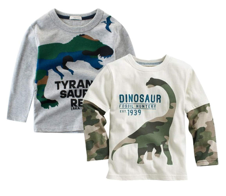 Boys 2-Pack Dinosaur Long Sleeve T-Shirt 100% Cotton Toddler Tops Tee for 2 Years