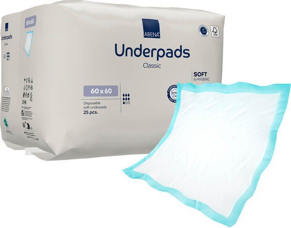 Abena Underpad Classic, Disposable Underpads, Eco-Friendly Incontinence Bed Pads, Soft & Secure Bed Protectors for Incontinence - 60x60cm, 25 Count (Pack of 1)