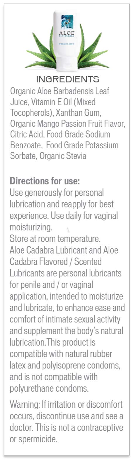 Flavored Personal Lubricant Organic, Natural Mango Passion Lube, Oral, Women, Men & Couples, 2.5 Ounce Aloe Cadabra