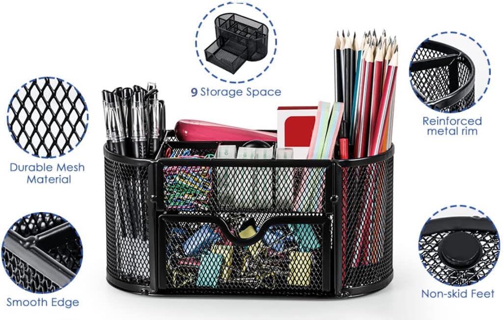 CLOUDFOUR Stationery Organizer Mesh Office Desk Supplies Multi-Functional Caddy Pen Holder 8 Compartments and 1 Drawer for use at Office, Home, School. Desk Organizer