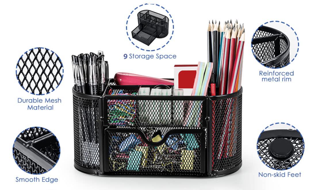 CLOUDFOUR Stationery Organizer Mesh Office Desk Supplies Multi-Functional Caddy Pen Holder 8 Compartments and 1 Drawer for use at Office, Home, School. Desk Organizer