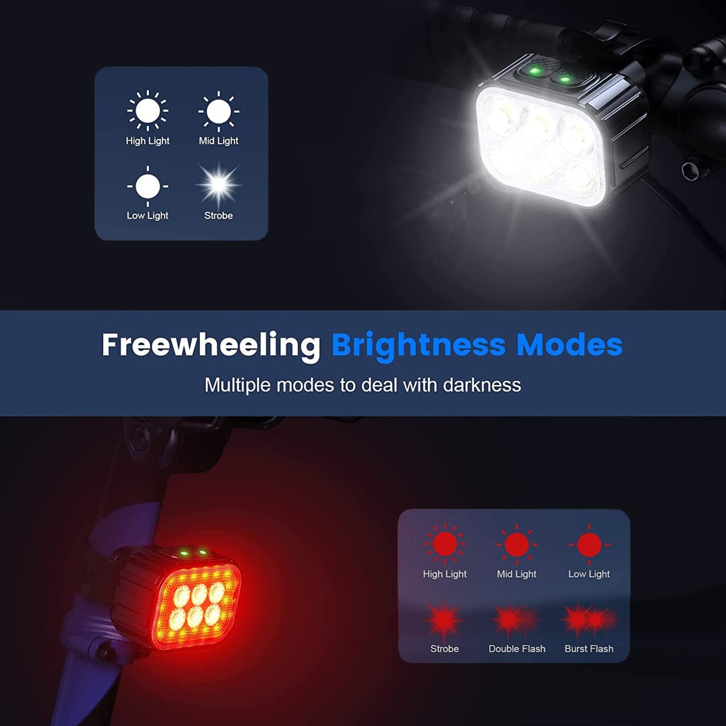 Bike Lights Set Ultra Bright, Bicycle Light Rechargeable with 6 Spot & Flood Beams, IP65 Waterproof Bike Lights for Night Riding, DIY 4X4 + 6X6 Lightning Modes Bike Headlight and Tail Light