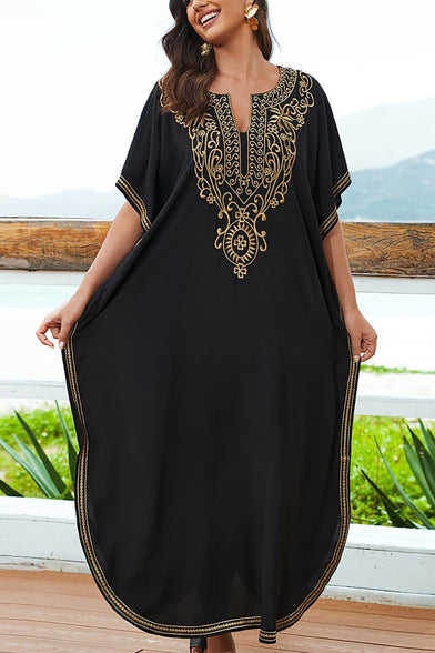 YouKD Embroidered Kaftan Dress Boho Beach Bikini Cover Up Robe Plus Size Loungewear for Women