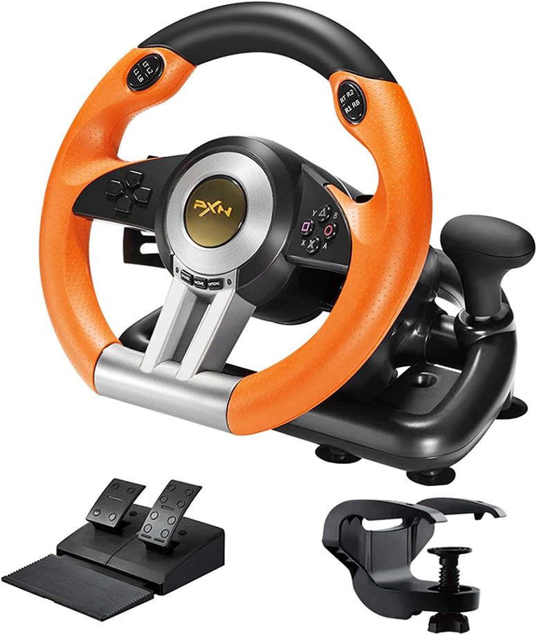 PXN V3II Simulate Racing Game Steering Wheel with Pedal, 180 Degree Steering Wheel, Compatible with Windows PC, PS3, PS4, Xbox One X|S, for Nintendo Switch-Orange