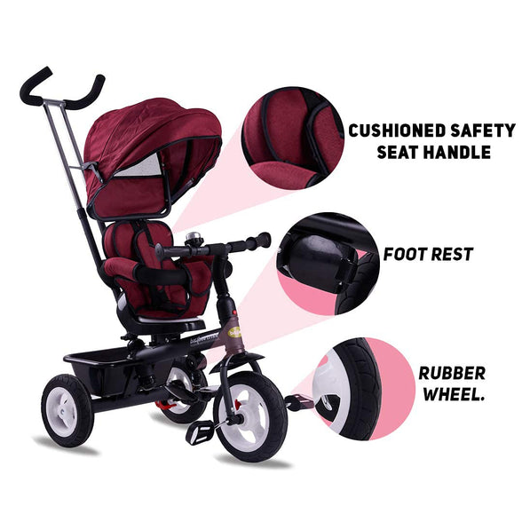 Baybee Mario Sportz Trikes Baby, Kids Cycle | Tricycle for Kids with Canopy and Parental Adjust Push Handle - Smart Plug & Play with Rubber Wheels Baby Cycle for Kids/Baby for 1.5 Years to 5 Years