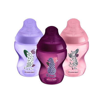 Tommee Tippee Closer to Nature Baby Bottles, Slow-Flow Breast-Like Teat with Anti-Colic Valve, 260ml, Pack of 3, Jungle Pinks