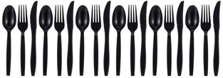 Fun Heavy-Duty Black Cutlery Set Spoons Knives Forks set Disposable Cutlery Set Plastic Cutlery Disposable Spoons Disposable Fork Plastic Spoon Heavy Duty Plastic Utensils (Pack of 18)