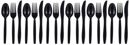 Fun Heavy-Duty Black Cutlery Set Spoons Knives Forks set Disposable Cutlery Set Plastic Cutlery Disposable Spoons Disposable Fork Plastic Spoon Heavy Duty Plastic Utensils (Pack of 18)