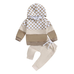 Foidiccx Newborn Toddler Baby Boy Clothes Checkerboard Color Block Hoodie Outfits Sweatsuit Fall Winter Clothing Sets (0-6 Months)