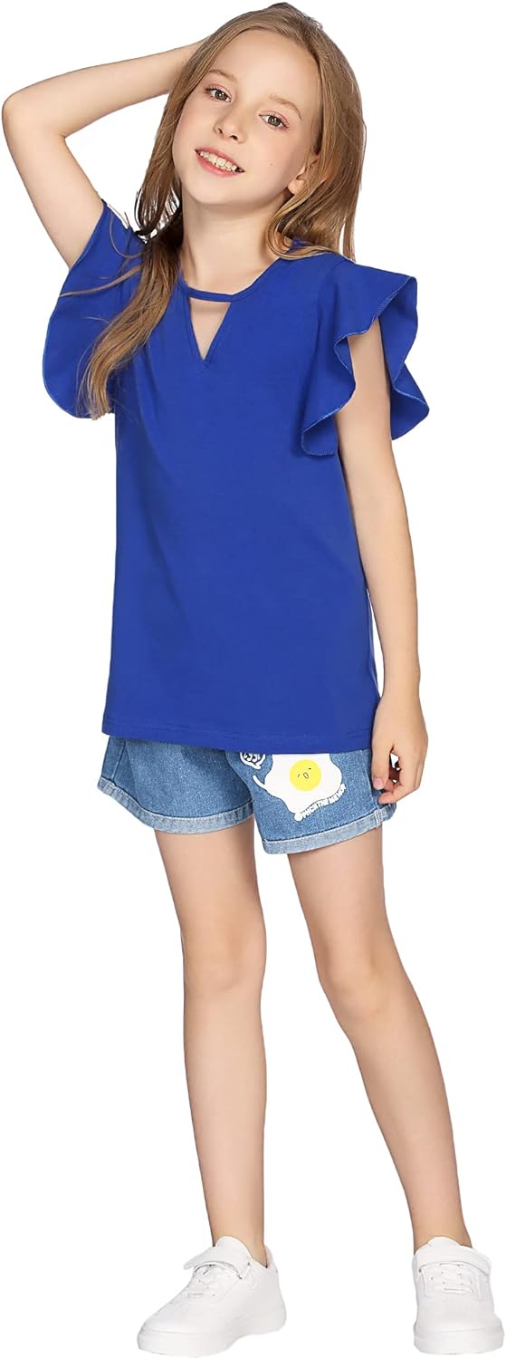 Greatchy Girls Shirts Short Sleeve Tee Ruffle Solid Summer Keyhole Neck Cotton Blouse Tops