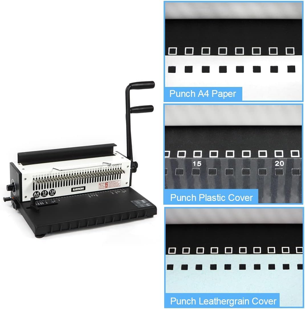 Rayson Wire Binding Manual Machine TD-1500B34,Binding Capacity 120 sheets (A4,80g),15 Sheet Punching Capacity,3:1 Pitch 34 Hole Book Binder,Wire Binding Machine