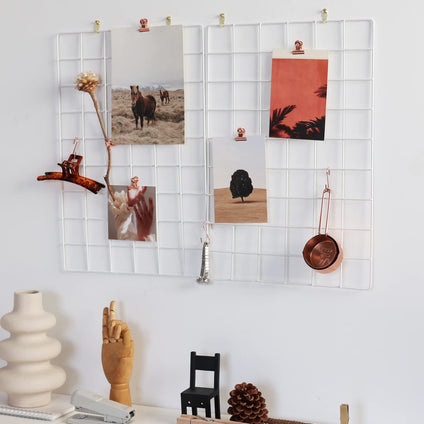 FRIADE Wall Grid Panel for Photo Display,Wall Storage Organizer ,5 Metal Clips & 3 S Hooks & 4 Nails & 4 Plastic Hanging Buckles and 4 Screws Offered,Size 17.5