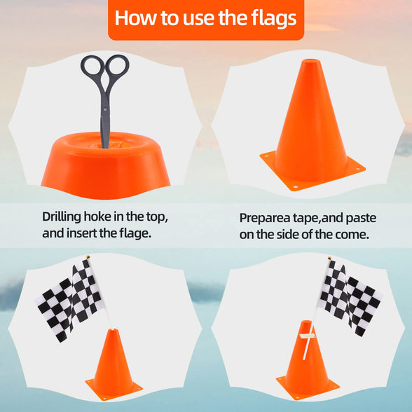24 Pcs Traffic Cones and Racing Checkered Flags,12 Plastic Traffic Cones,12 Checkered Flags with Sticks,Orange Sports Cones Soccer Training Cones,Race Car Party Supplies,Racing Theme Party Decoration