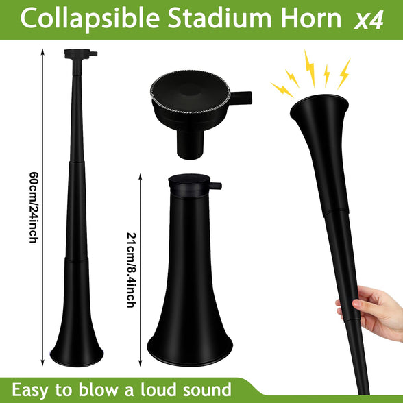 Outus 4 Pieces Collapsible Stadium Horn 24 Inch Vuvuzela Plastic Trumpet Horn Blow Horn Noisemakers for Sporting Events Graduation Games School Sports Party Supplies Favors Accessories (Black)