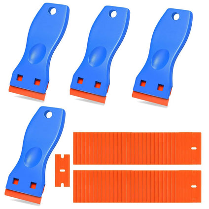 HOOTO 4 Pcs Plastic Razor Blade Scraper and 100 Pcs Plastic Blades Kit No Scratch Car Window Glass Wood Sticker Removal Floor Stove Kitchen Vinyl Adhesive Decal Tape Cleanings