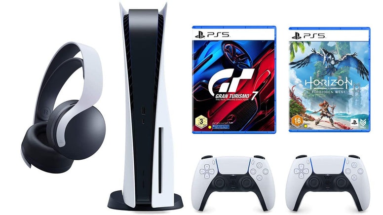 Playstation 5 Disc Console Bundle with Gran Turismo 7, Horizon Forbidden West, Extra Pulse 3D Wireless Headset and Extra Dualsense Wireless Controller (UAE Version)