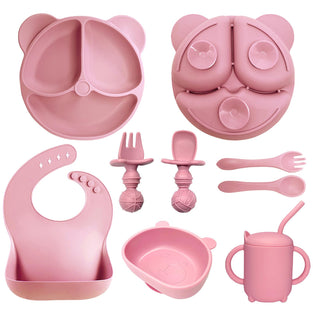U-HOOME Silicone Baby Feeding Set, Baby Weaning Feeding Supplies with Suction Bowl,Toddler Self Feeding Dish Set with Spoons Forks Sippy Cup Adjustable Bib, Eating Utensils for 6+ Months (Pink)