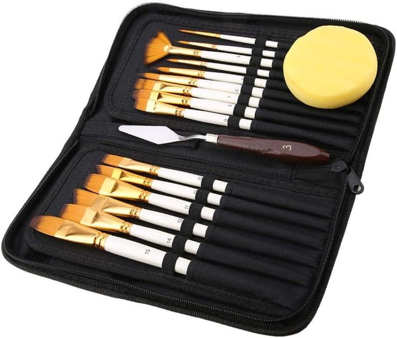 17Pcs Artist Paint Brush Set with Carrying Black Case Paint Knife Sponge for Watercolor Brush Oil Acrylic Drawing Painting