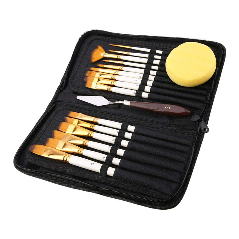 17Pcs Artist Paint Brush Set with Carrying Black Case Paint Knife Sponge for Watercolor Brush Oil Acrylic Drawing Painting