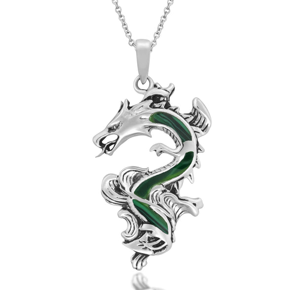 AeraVida Legendary Chinese Dragon Malachite Inlaid .925 Sterling Silver Pendant Necklace | Dragon Jewelry Necklace Accessory for Men Women Unisex | Delicate Long Necklaces for Women and Men Accessory,