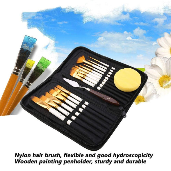17Pcs Artist Paint Brush Set with Carrying Black Case Paint Knife Sponge for Watercolor Brush Oil Acrylic Drawing Painting