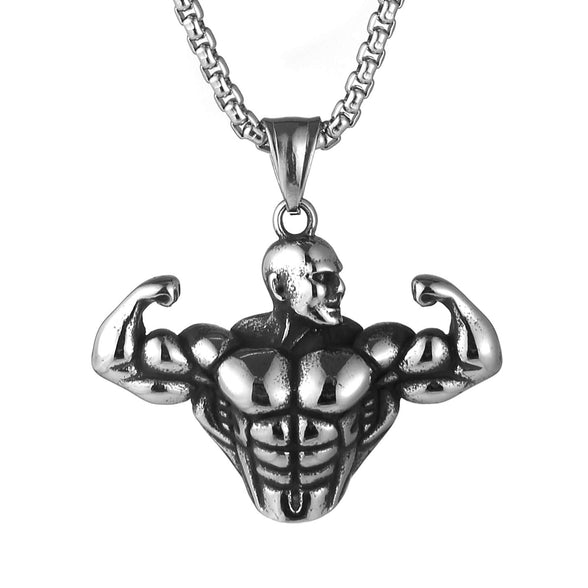 AsAlways Stainless Steel Sports Bodybuilding Muscle Men Wrestling Barbell Dumbbell Pendant Necklace Stainless Steel Gym Fitness Accessories