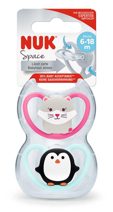 Nuk Space Orthodontic Silicone Soother (2 Pcs), 6-18 Mnths, Assorted Colours And Designs (Pink Cat & Blue Penguin, Owl Green Panda)