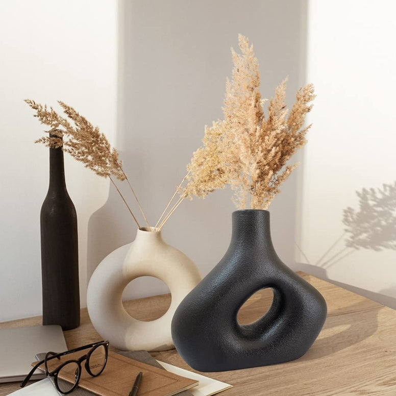 Circle Vase – Matte Black Vase, Geometric Donut Vase, Modern Vase for Minimalist Black Home Decor. 8” Black Ceramic Vase for Modern Table, Bookshelf, Coffee Table Decor, Black Vases Home Decor