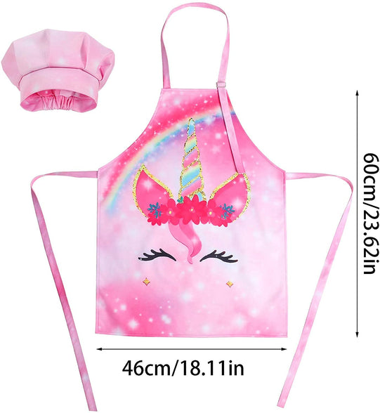 Mumoobear 1 Set Unicorn Apron And Chef Hat AdjUStable Chef Apron And Hats For Kids For Boys Girl's Kitchen Cooking Baking Painting Wear( Pink)