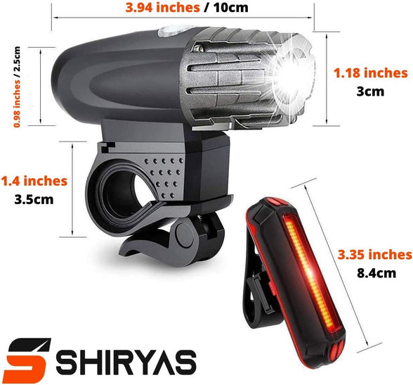 Shiryas Super Bright Bike Light Set USB Rechargeable Front Headlight & Back LED Rear Bicycle Light for Cycle Safety Flashlight (USBs Included)